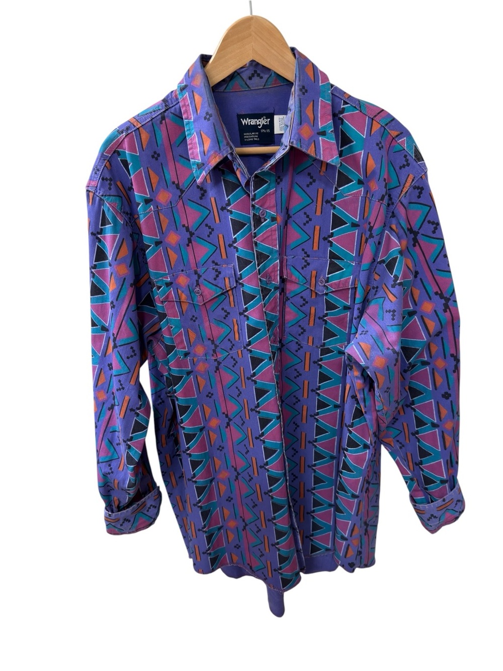 Vintage Wrangler BrushPopper Shirt Aztec Print Western XLong Tail Size 17 1/2 35